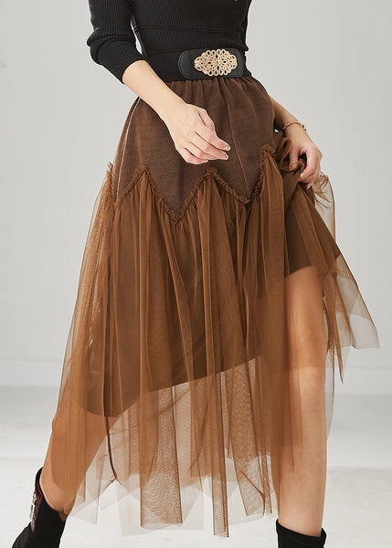 Brown Patchwork Tulle Corduroy Skirt Elastic Waist Spring YU1026 Ada Fashion