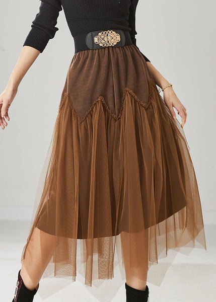 Brown Patchwork Tulle Corduroy Skirt Elastic Waist Spring YU1026 Ada Fashion