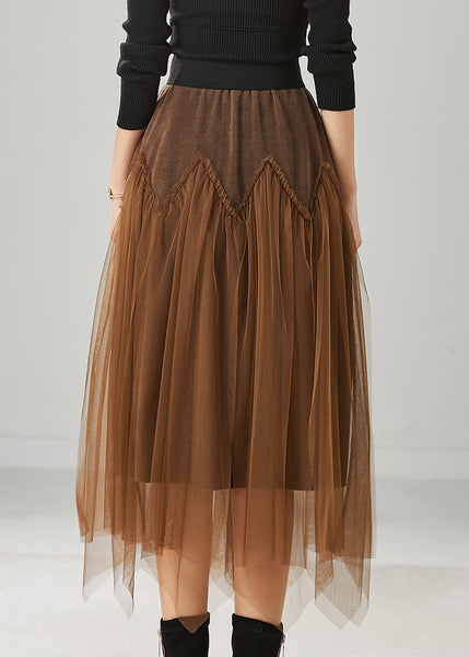 Brown Patchwork Tulle Corduroy Skirt Elastic Waist Spring YU1026 Ada Fashion