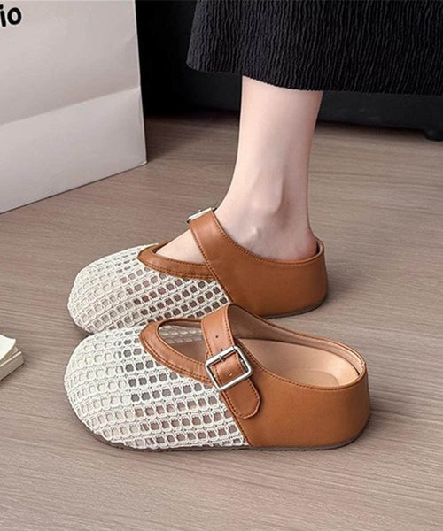 Faux Splicing Platform Brown Leather Fashion Slide Sandals FashionChic