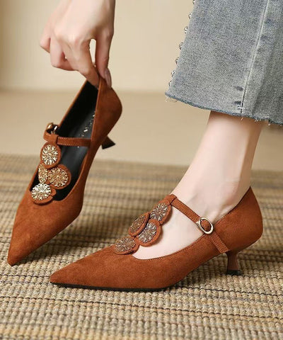 Heels Women Brown Suede High Pointed Splicing Toe FashionChic
