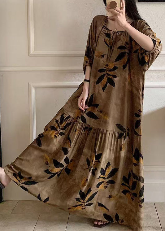 Summer Up Lace Pajamas Cotton Dress Maxi Prin Neck O Brown FashionChic