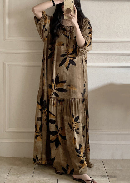 Summer Up Lace Pajamas Cotton Dress Maxi Prin Neck O Brown FashionChic