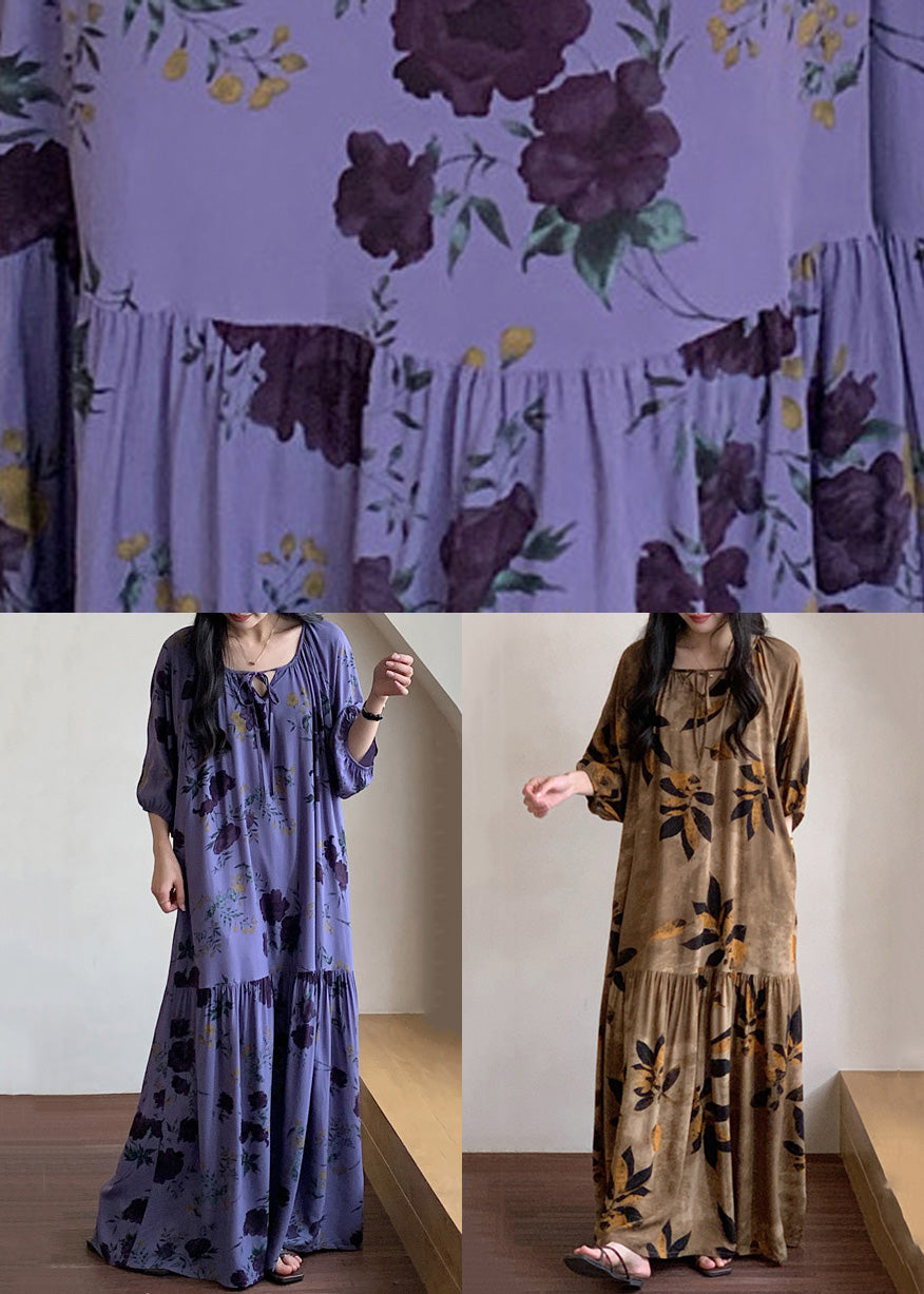 Summer Up Lace Pajamas Cotton Dress Maxi Prin Neck O Brown FashionChic