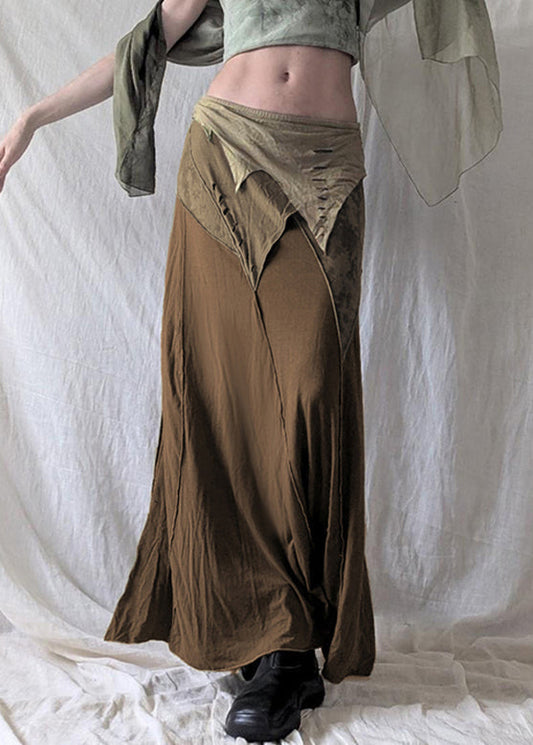 Open Waist Patchwork Elastic Skirt Side Brown Cotton Summer FashionChic