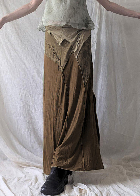 Open Waist Patchwork Elastic Skirt Side Brown Cotton Summer FashionChic