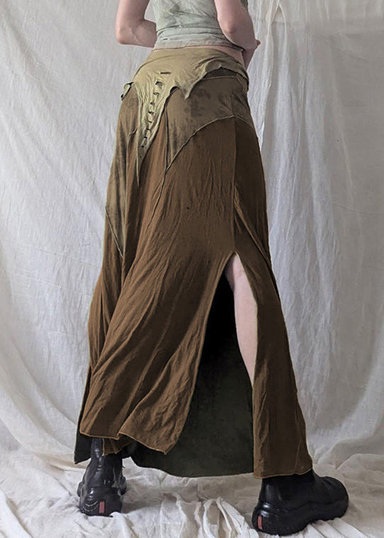 Open Waist Patchwork Elastic Skirt Side Brown Cotton Summer FashionChic