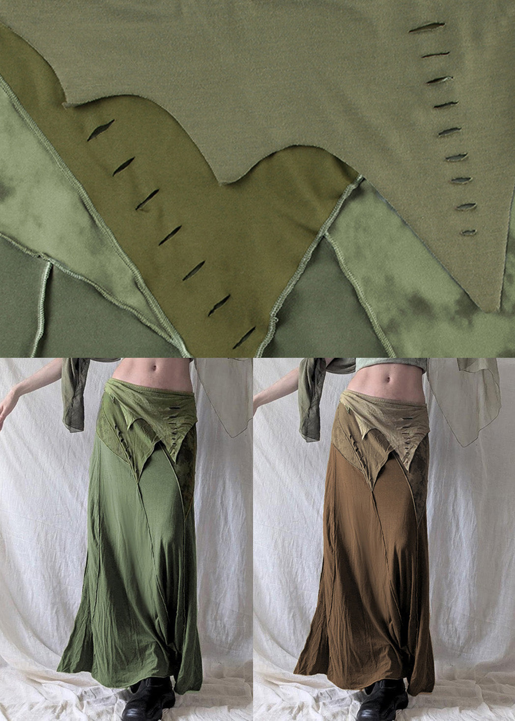Open Waist Patchwork Elastic Skirt Side Brown Cotton Summer FashionChic