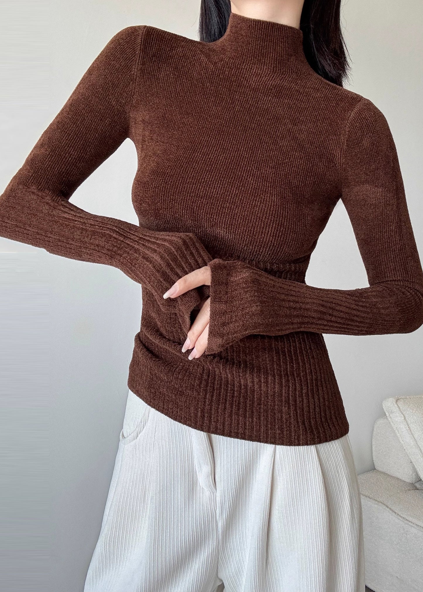 Brown Silm Fit Knit Sweater High Neck Spring YP027 ABC