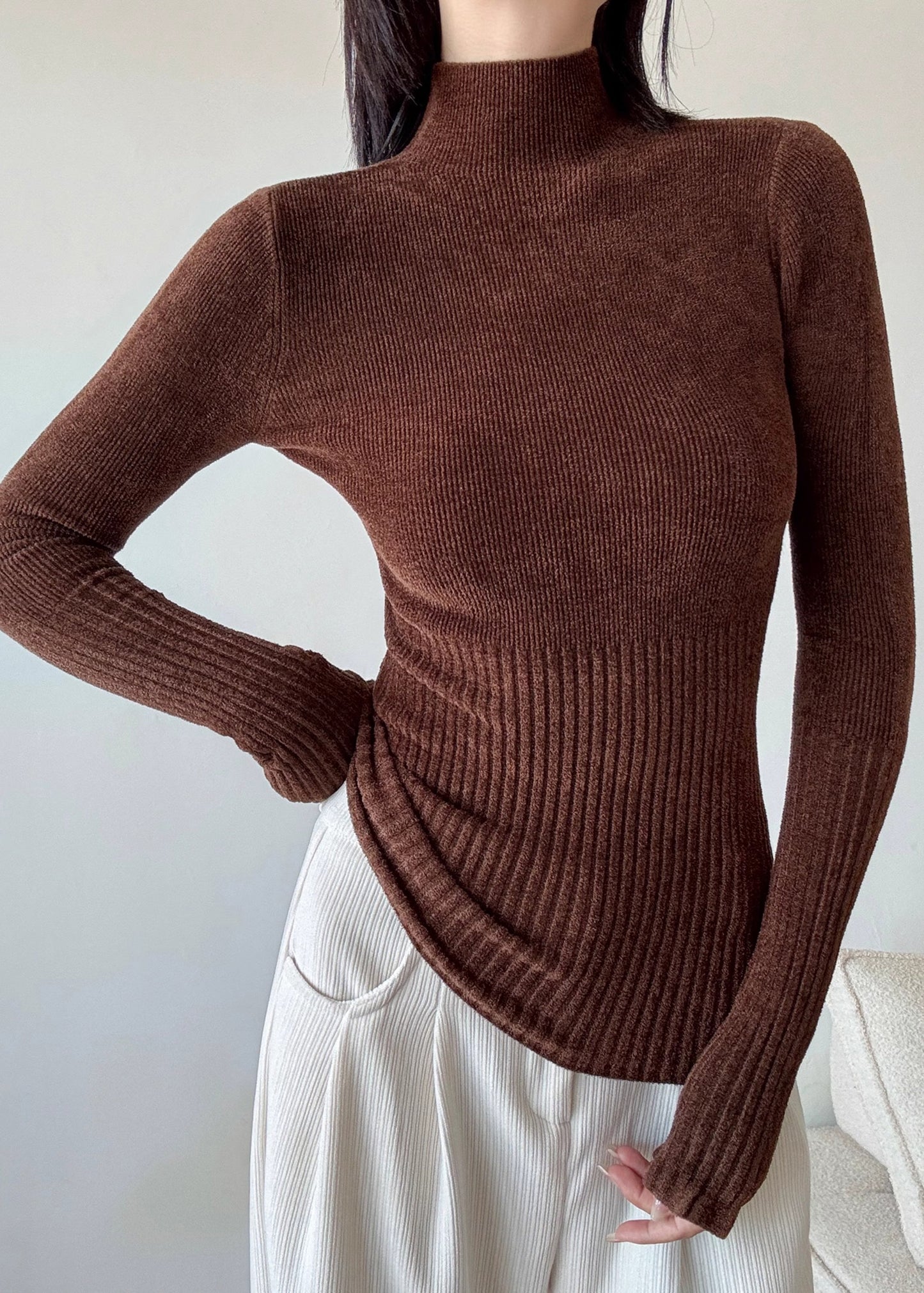 Brown Silm Fit Knit Sweater High Neck Spring YP027 ABC
