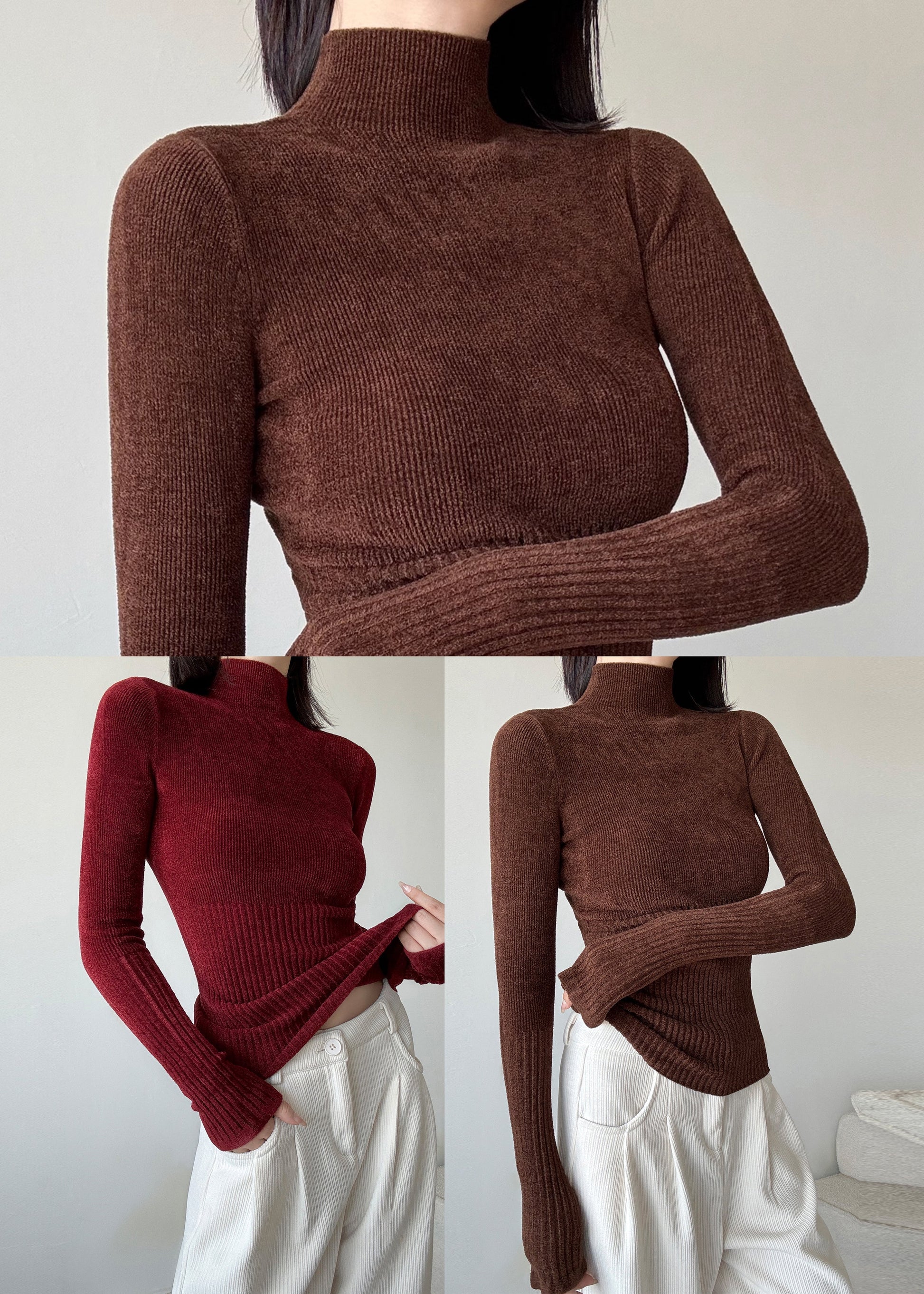 Brown Silm Fit Knit Sweater High Neck Spring YP027 ABC