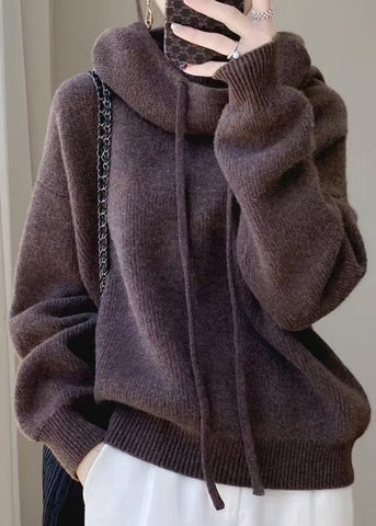 Hooded Knit Spring Cozy Sweater Brown Wool Solid FashionChic