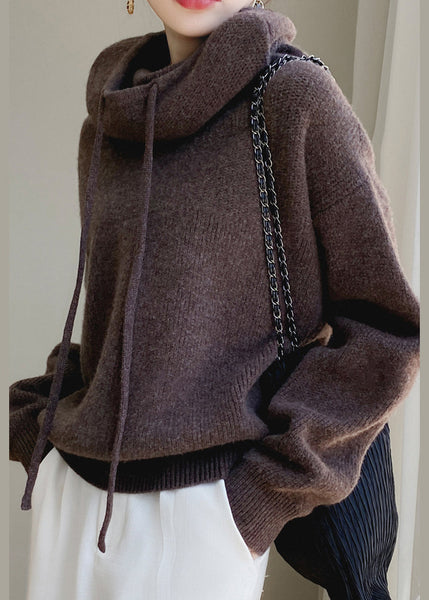 Hooded Knit Spring Cozy Sweater Brown Wool Solid FashionChic