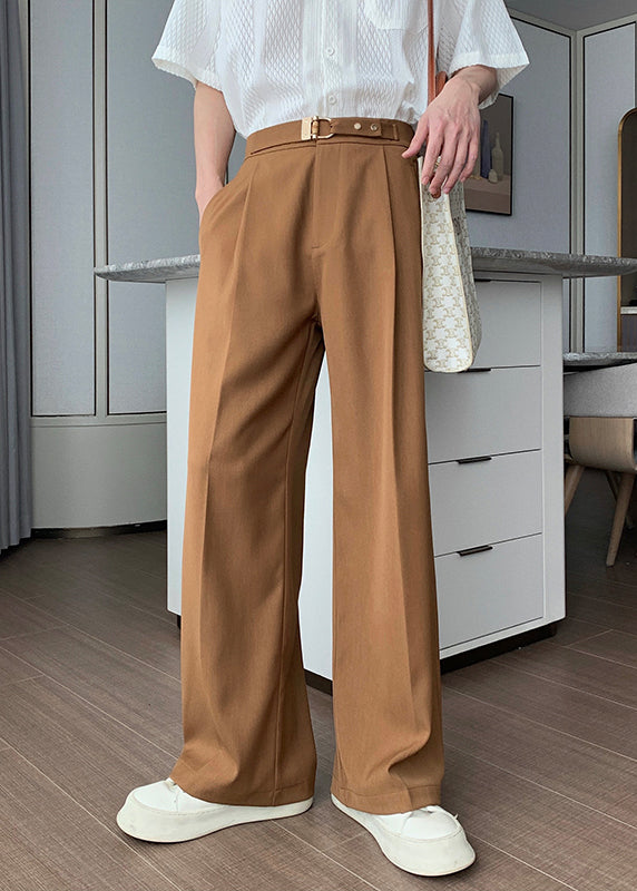 Solid Men High Brown Fall Waist Pants Spandex FashionChic