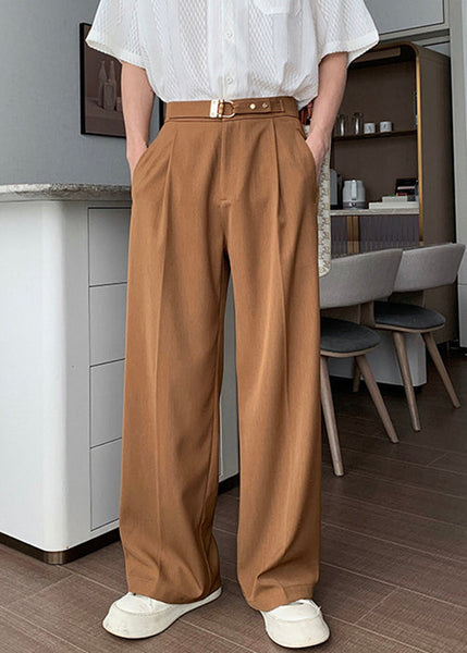 Solid Men High Brown Fall Waist Pants Spandex FashionChic