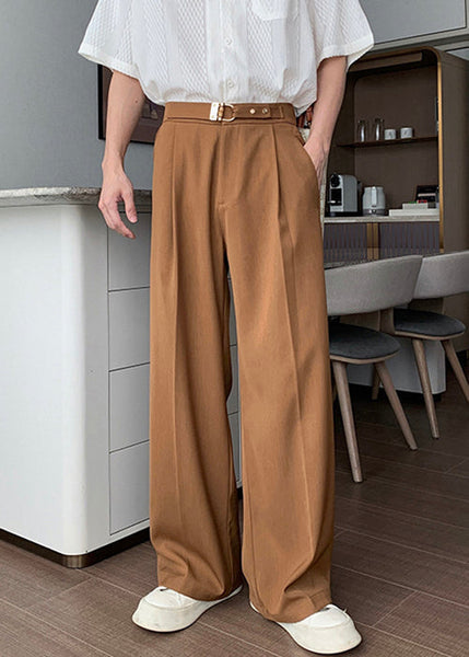 Solid Men High Brown Fall Waist Pants Spandex FashionChic