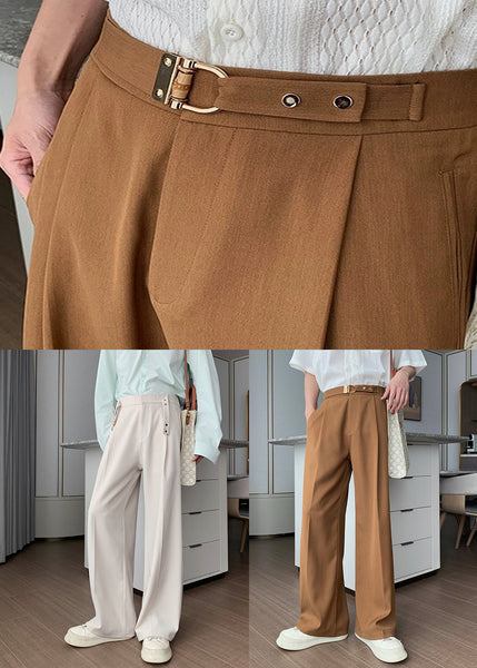 Solid Men High Brown Fall Waist Pants Spandex FashionChic