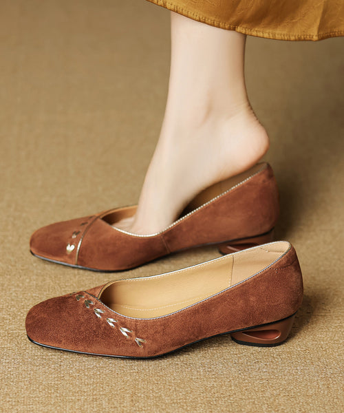 Toe Elegant Splicing Square Brown Shoes Suede Chunky FashionChic