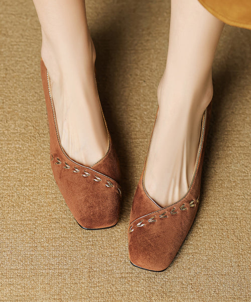 Toe Elegant Splicing Square Brown Shoes Suede Chunky FashionChic