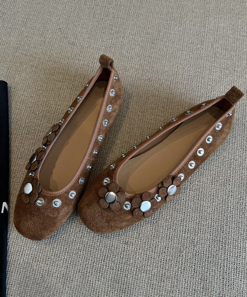 Splicing Suede Women Floral Brown Rivet Flat Shoes For FashionChic