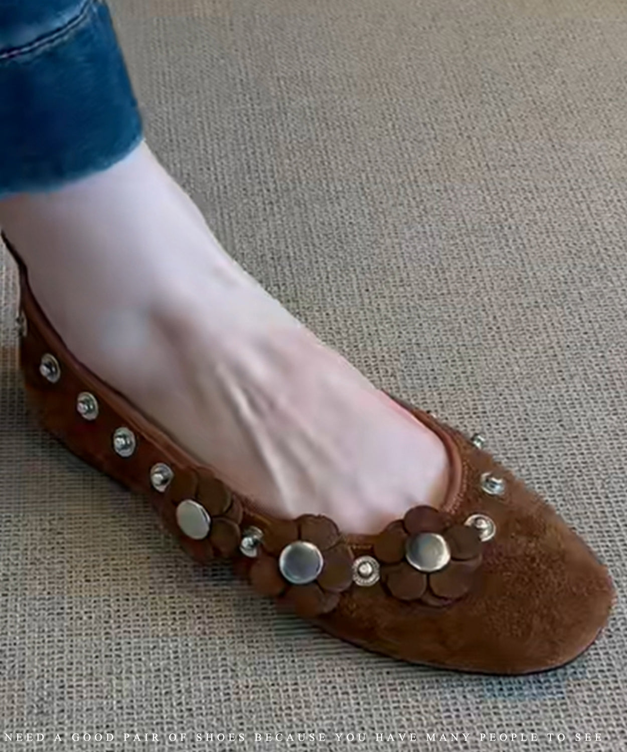 Splicing Suede Women Floral Brown Rivet Flat Shoes For FashionChic