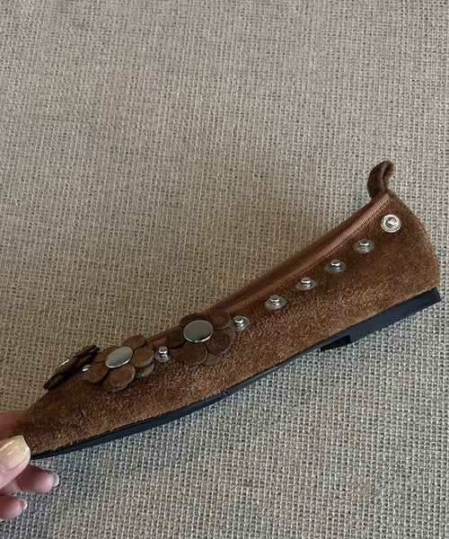 Splicing Suede Women Floral Brown Rivet Flat Shoes For FashionChic