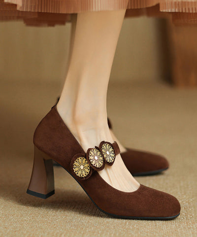 Strap Splicing Suede Heels High Buckle French Brown FashionChic