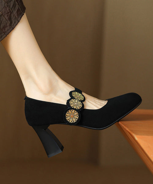 Strap Splicing Suede Heels High Buckle French Brown FashionChic