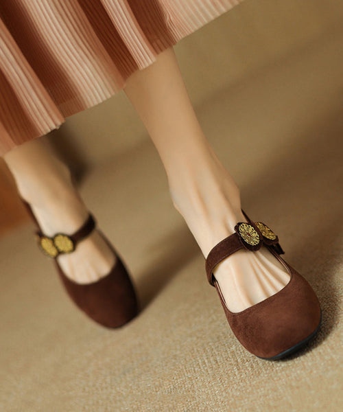 Strap Splicing Suede Heels High Buckle French Brown FashionChic