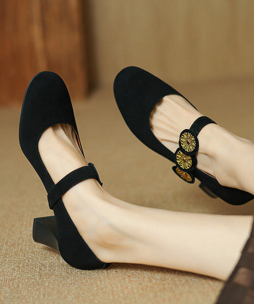 Strap Splicing Suede Heels High Buckle French Brown FashionChic