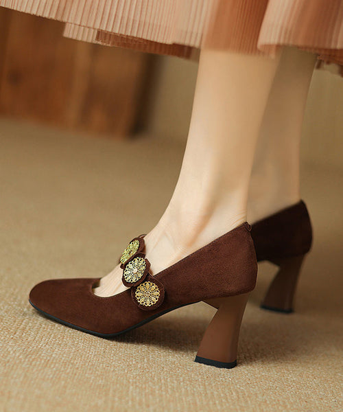Strap Splicing Suede Heels High Buckle French Brown FashionChic