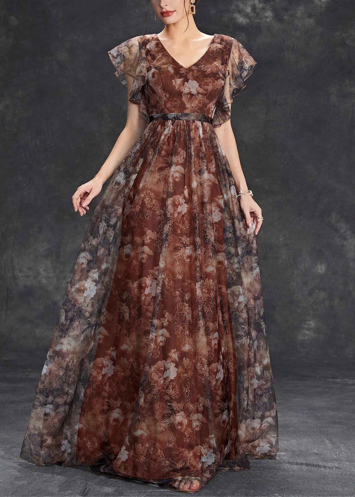 Sleeve Brown Tulle Print Long Neck V Dress Short FashionChic