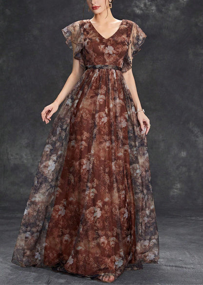 Sleeve Brown Tulle Print Long Neck V Dress Short FashionChic