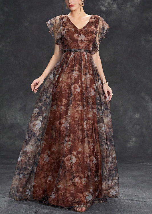 Sleeve Brown Tulle Print Long Neck V Dress Short FashionChic