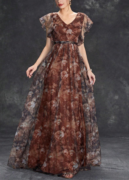 Sleeve Brown Tulle Print Long Neck V Dress Short FashionChic