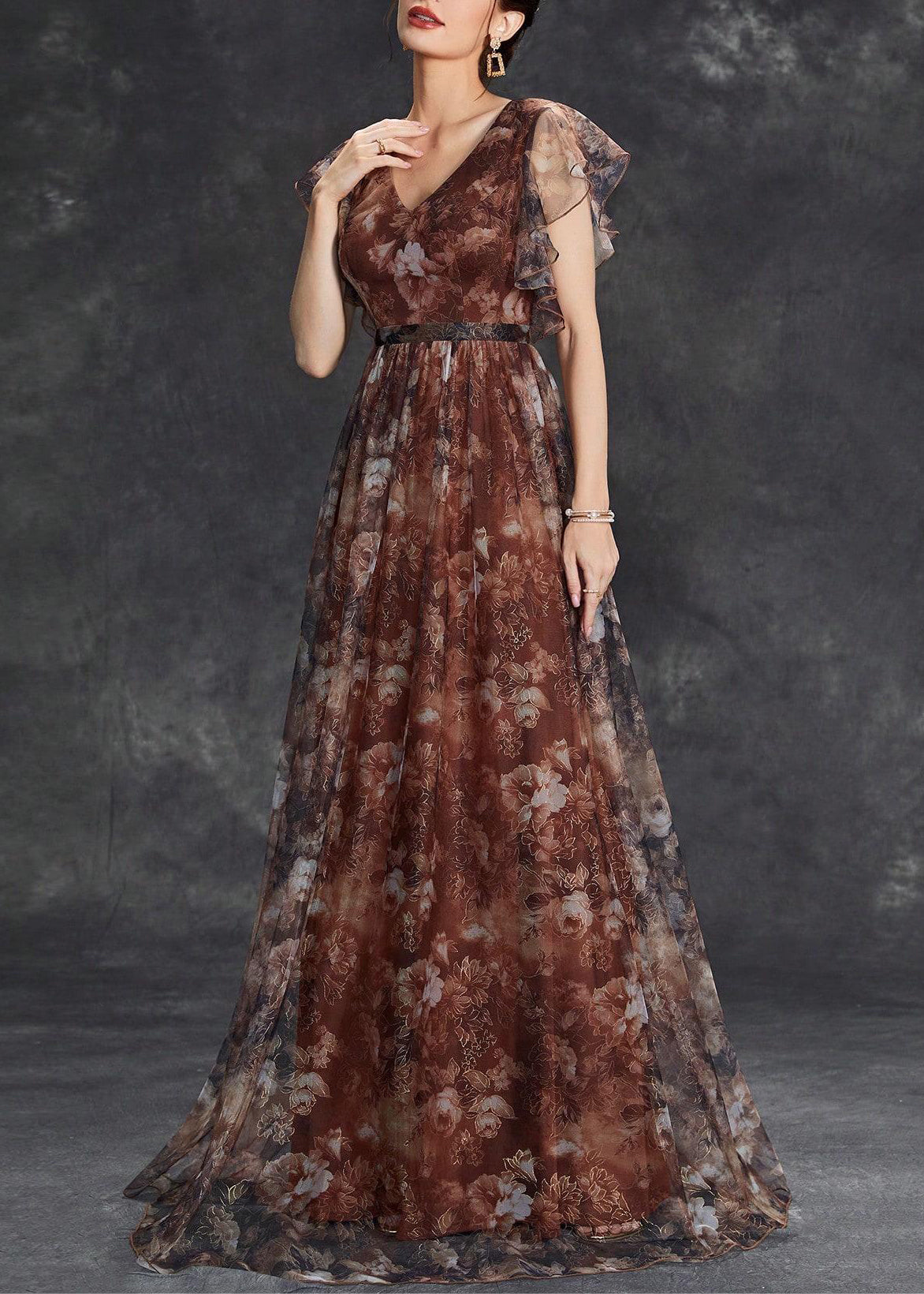 Sleeve Brown Tulle Print Long Neck V Dress Short FashionChic