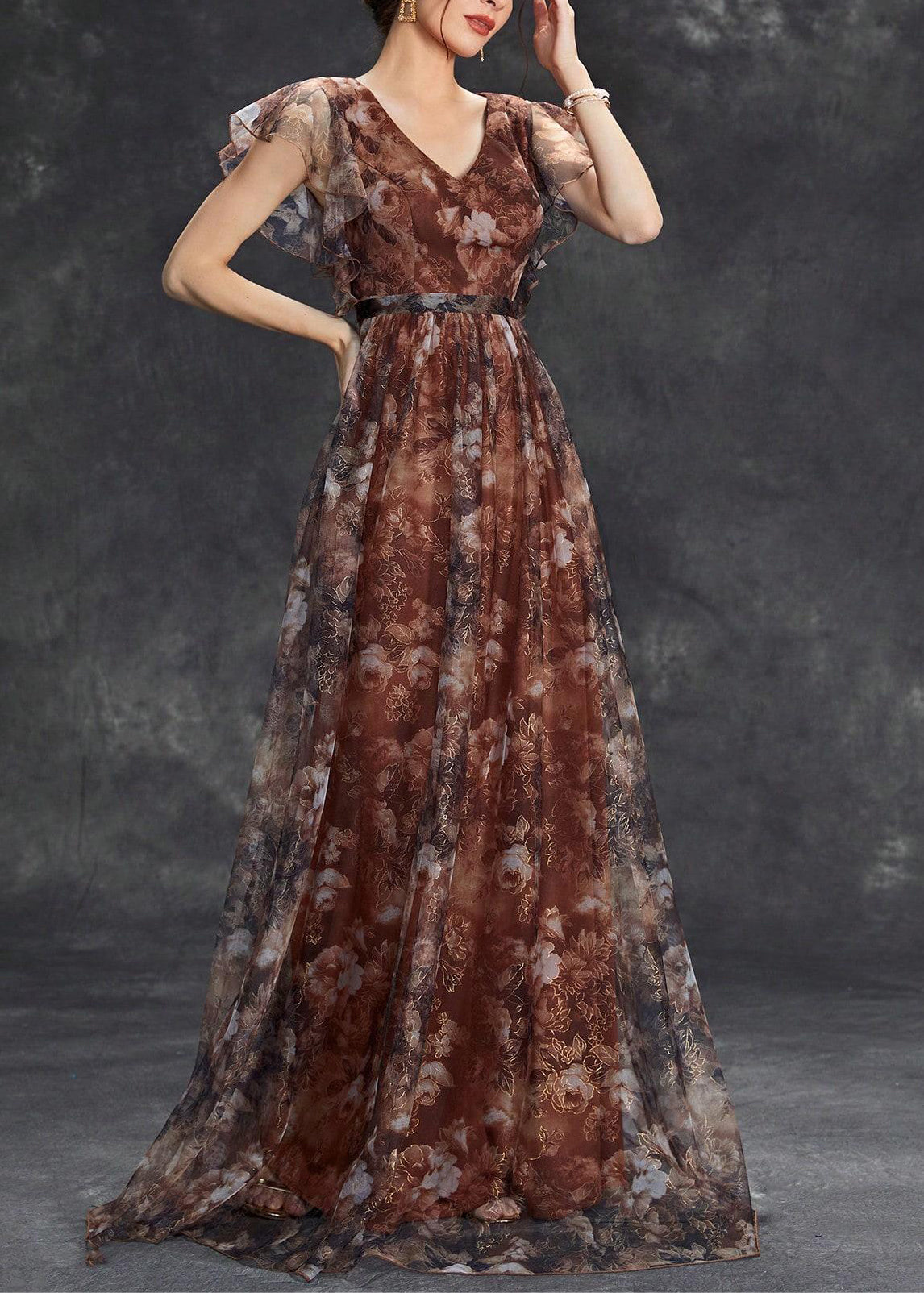 Sleeve Brown Tulle Print Long Neck V Dress Short FashionChic