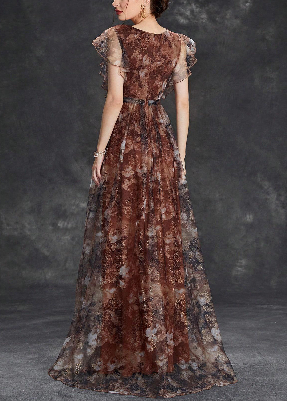 Sleeve Brown Tulle Print Long Neck V Dress Short FashionChic