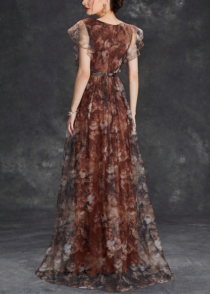Sleeve Brown Tulle Print Long Neck V Dress Short FashionChic
