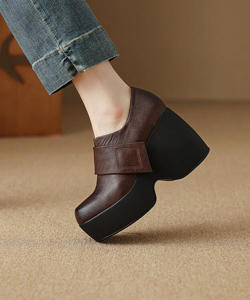 Brown Wedge Heels Platform Cowhide Leather Women Splicing YC002 ABC