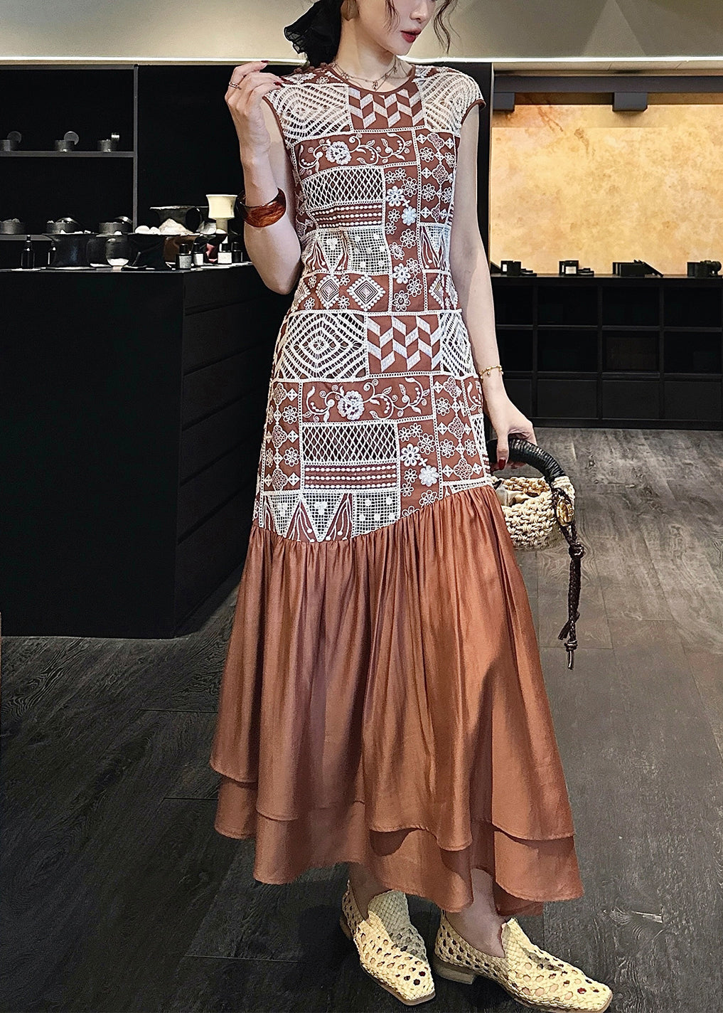 Brown Long Zippered Out Hollow Patchwork Dresses Cotton FashionChic