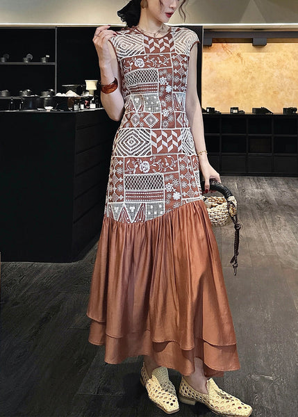 Brown Long Zippered Out Hollow Patchwork Dresses Cotton FashionChic