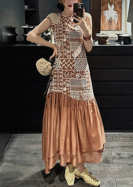 Brown Long Zippered Out Hollow Patchwork Dresses Cotton FashionChic