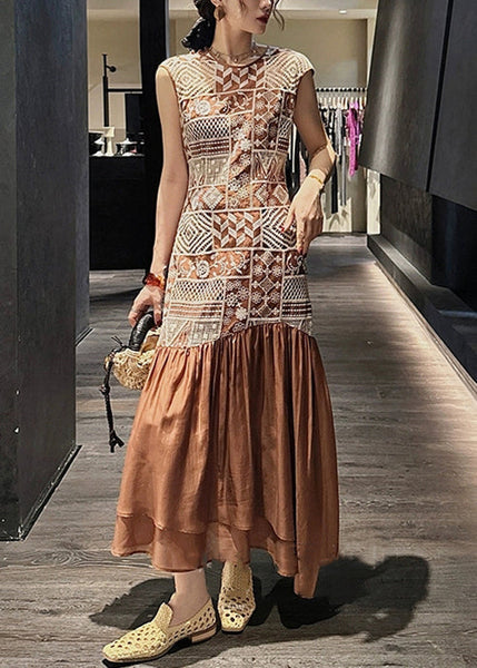 Brown Long Zippered Out Hollow Patchwork Dresses Cotton FashionChic