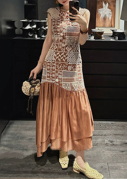 Brown Long Zippered Out Hollow Patchwork Dresses Cotton FashionChic