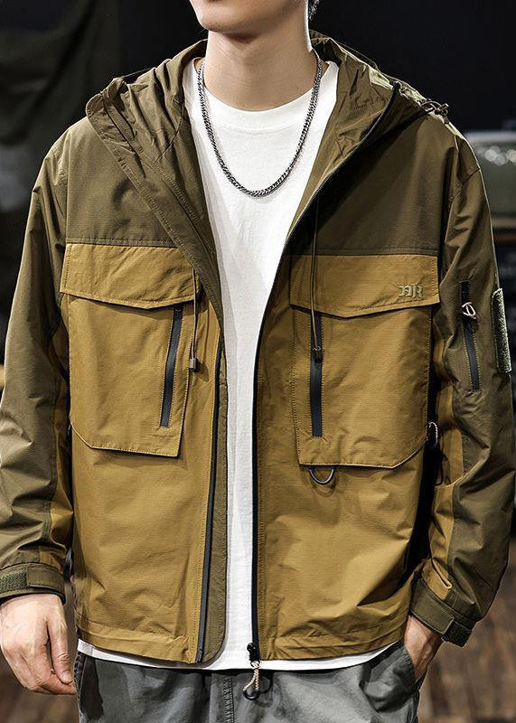 Coat Loose Men Hooded Zippered Pockets Brown Cotton Patchwork FashionChic