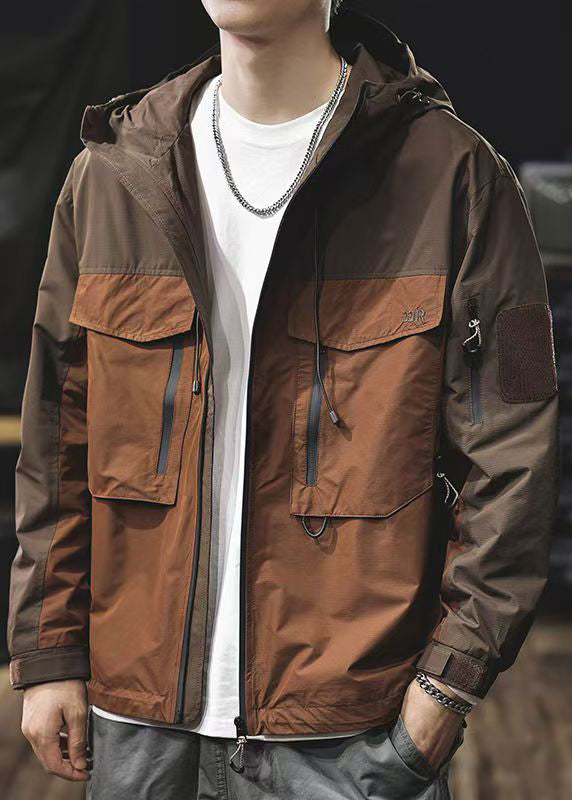 Coat Loose Men Hooded Zippered Pockets Brown Cotton Patchwork FashionChic