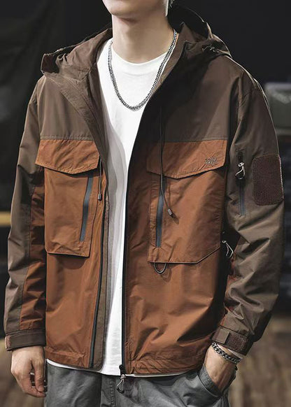 Coat Loose Men Hooded Zippered Pockets Brown Cotton Patchwork FashionChic