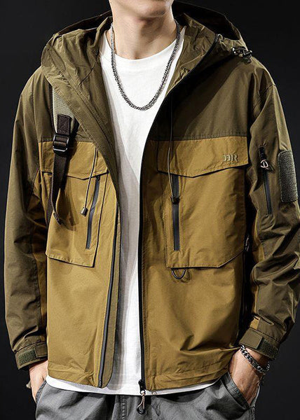 Coat Loose Men Hooded Zippered Pockets Brown Cotton Patchwork FashionChic