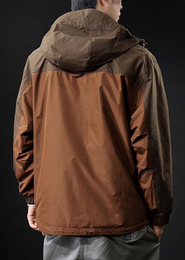 Coat Loose Men Hooded Zippered Pockets Brown Cotton Patchwork FashionChic